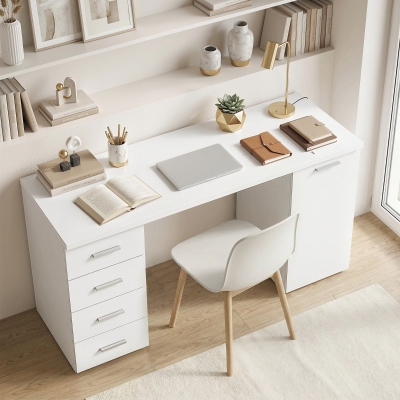 HOMCOM 140 cm Computer Desk with Adjustable Shelf Home Office Desk with Drawers and Cabinet White Wood Grain