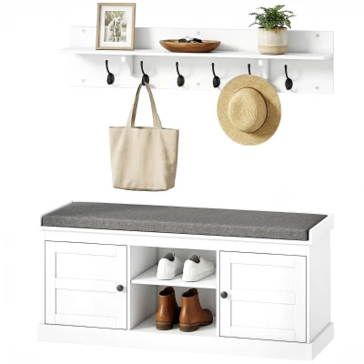 HOMCOM 2 in 1 Coat Rack Shoe Bench Set with 6 Hooks and Shoe Storage Bench, White and Grey
