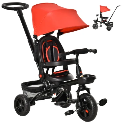 Qaba Tricycle for Toddler 4 in 1 Kids Trike with Reversible Adjustable Seat, Baby Push Bike with Removable Handle, Curved Canopy, Belt Storage Brake Clutch for 1-5 Years, Red