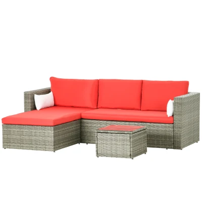 Outsunny 3pcs Modern Rattan Sofa Set, Wicker Patio Furniture Set with Coffee Table, Cushions, Pillows