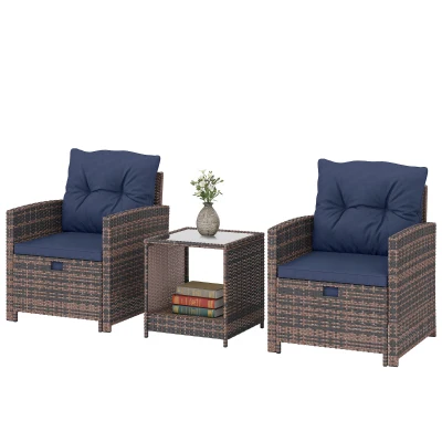Outsunny 5 Piece Patio Furniture Set, Wicker Patio Chairs with Ottomans, 2-Tier Glass Coffee Table and Cushions, Brown/Dark Blue