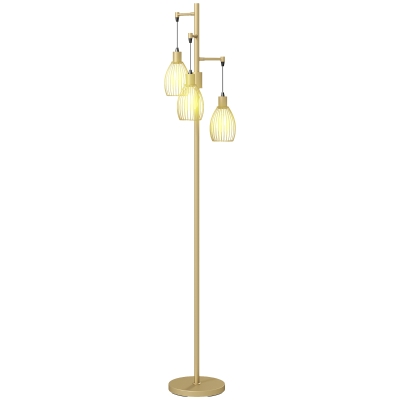 HOMCOM Industrial Floor Lamp with 3 Hanging Wire Lampshades, Dimmable Standing Lamp for Living Room, Gold