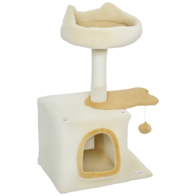 PawHut 28" Cat Tree Tower with Plush Top Bed, Cozy Condo, Sisal Scratching Post, Perch, Dangling Ball, Beige and Yellow
