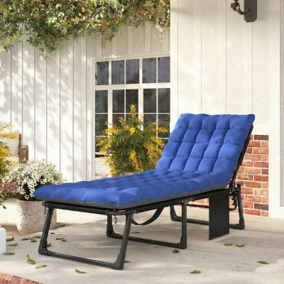 Outsunny 29.5" Wide Folding Chaise Lounge Chair Outdoor Tanning Chair, Camping Cot with Cushion, Side Pocket, Grey/Blue