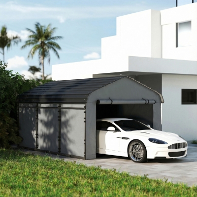 Outsunny 10' x 15' Metal Carport, Heavy Duty Garage Car Shelter with Galvanized Metal Roof and Removable Sidewalls, Light Grey