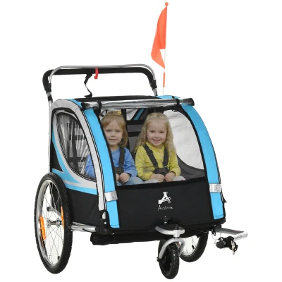 Aosom 2 Seat Bike Trailer for Kids 2-in-1 Double Baby Stroller with Handbrake, Rubber Wheels, 5 Point Harness, Waterproof Cover, Storage Bag, Reflectors, Blue