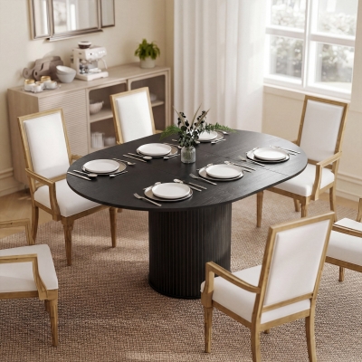 HOMCOM Extendable Kitchen Table for 6-8, 43.5"-59" Farmhouse Dining Table with Pedestal Base Black Wood Grain