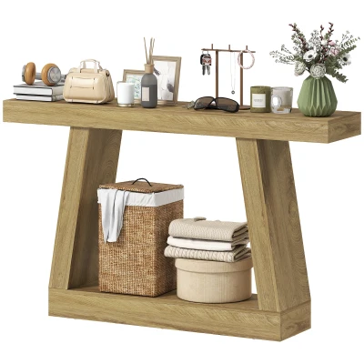HOMCOM 55" Farmhouse Console Table, 2-Tier Entryway Table with Storage for Hallway, Living Room, Behind Couch,  Oak