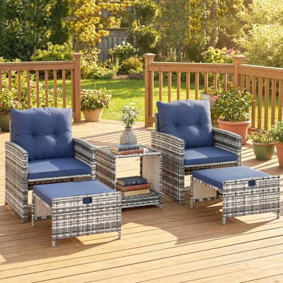 Outsunny 5 Piece Patio Furniture Set, Wicker Patio Chairs with Ottomans, 2-Tier Glass Coffee Table and Cushions, Grey/Dark Blue