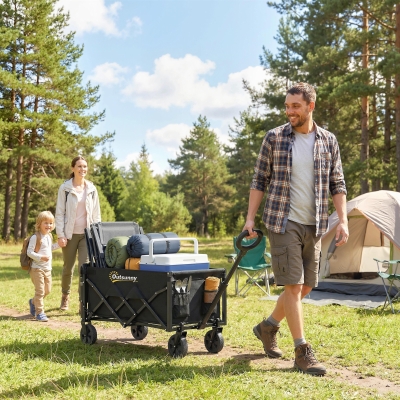 Outsunny 16 Gallon Folding Wagon Cart with Wheels, Heavy-Duty Collapsible Wagon with Drop-Down Tailgate, Black