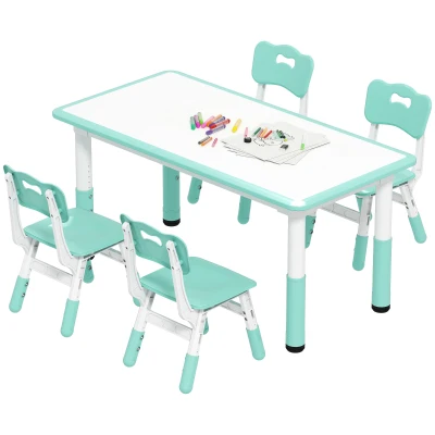 Qaba Kids Table and Chair Set with 4 Chairs, Adjustable Height, Easy to Clean, for 1.5 - 8 Years Old, Green