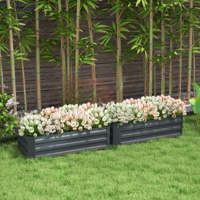Outsunny Set of 2 Raised Garden Bed, Steel Elevated Planter Box for Flowers, Herbs, Succulents, 39"x20"x12", Dark Grey