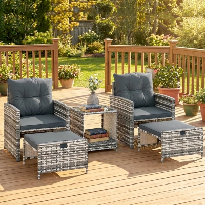 Outsunny 5 Piece Patio Furniture Set, Wicker Patio Chairs with Ottomans, 2-Tier Glass Coffee Table and Cushions, Grey/Dark Grey
