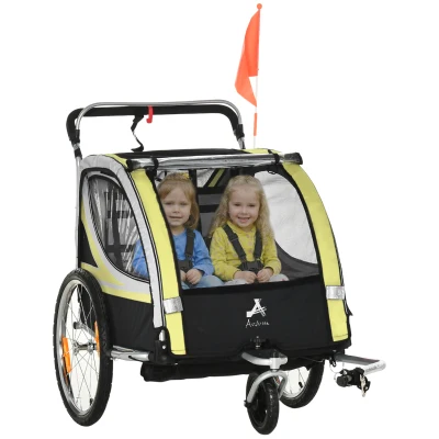 Aosom 2 Seat Bike Trailer for Kids 2-in-1 Double Baby Stroller with Handbrake, Rubber Wheels, 5 Point Harness, Waterproof Cover, Storage Bag, Reflectors, Yellow