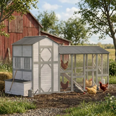 PawHut 147" Extra Large Wooden Chicken Coop with Run, Gray