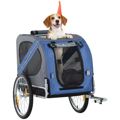 PawHut Dog Bike Trailer Pet Cart Bicycle Wagon Cargo Carrier Attachment Foldable for Travel, Blue and Grey