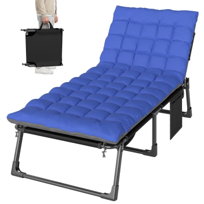 Outsunny 29.5" Wide Folding Chaise Lounge Chair Outdoor Tanning Chair, Camping Cot with Cushion, Side Pocket, Grey/Blue