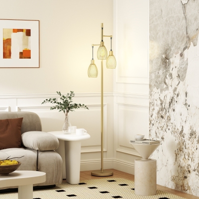 HOMCOM Industrial Floor Lamp with 3 Hanging Wire Lampshades, Dimmable Standing Lamp for Living Room, Gold