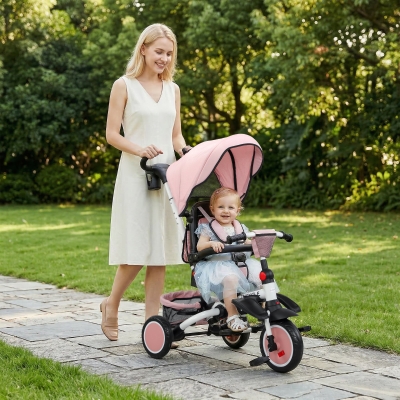 Qaba 6 in 1 Toddler Tricycle for 1-5 Years Old with Push Handle, Removable Canopy, Rotatable Seat, Pink
