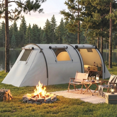 Outsunny 3-4 Person Camping Tent with 2 Rooms, 3000mm Waterproof Portable Family Tent with Carry Bag, Grey