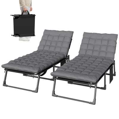 Outsunny 29.5" Wide Folding Chaise Lounge Chair Outdoor Tanning Chair Set of 2, Camping Cot with Cushion, Side Pocket, Dark Grey