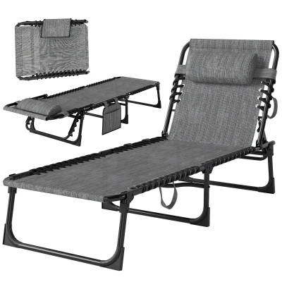 Outsunny Outdoor Folding Chaise Lounge, Reclining Lounge Chair with Adjustable Backrest and Removable Pillow, Mixed Grey