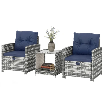 Outsunny 5 Piece Patio Furniture Set, Wicker Patio Chairs with Ottomans, 2-Tier Glass Coffee Table and Cushions, Grey/Dark Blue