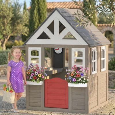 Qaba Wooden Kids Playhouse with Dog Door & Flower Box, Gray