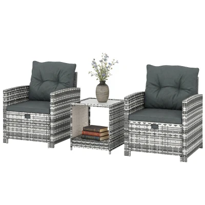 Outsunny 5 Piece Patio Furniture Set, Wicker Patio Chairs with Ottomans, 2-Tier Glass Coffee Table and Cushions, Grey/Dark Grey