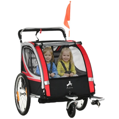 Aosom 2 Seat Bike Trailer for Kids 2-in-1 Double Baby Stroller with Handbrake, Rubber Wheels, 5 Point Harness, Waterproof Cover, Storage Bag, Reflectors, Red