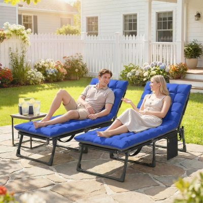 Outsunny 29.5" Wide Folding Chaise Lounge Chair Outdoor Tanning Chair Set of 2, Camping Cot with Cushion, Side Pocket, Grey/Blue
