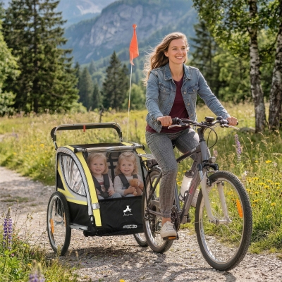 Aosom 2 Seat Bike Trailer for Kids 2-in-1 Double Baby Stroller with Handbrake, Rubber Wheels, 5 Point Harness, Waterproof Cover, Storage Bag, Reflectors, Yellow