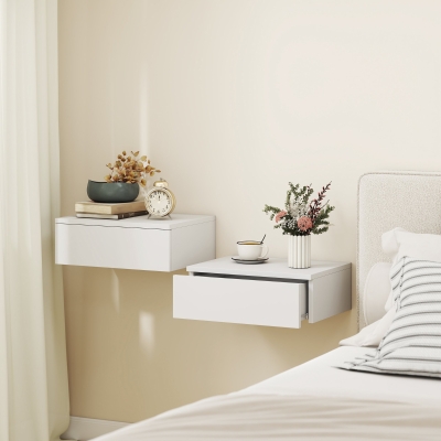 HOMCOM Set of 2 Wall Mounted Bedside Tables, Floating Nightstands with Drawer for Bedroom, White
