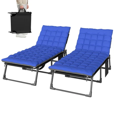 Outsunny 29.5" Wide Folding Chaise Lounge Chair Outdoor Tanning Chair Set of 2, Camping Cot with Cushion, Side Pocket, Grey/Blue