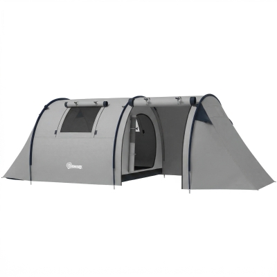 Outsunny 3-4 Person Camping Tent with 2 Rooms, 3000mm Waterproof Portable Family Tent with Carry Bag, Grey