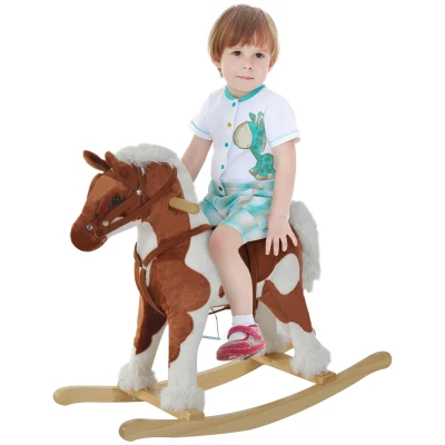 Qaba Kids Rocking Horse Plush Animal on Wooden Rockers with Sounds, Wooden Base, Baby Rocking Chair, Brown and White