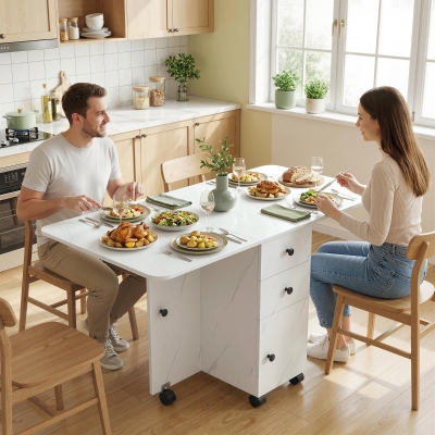 HOMCOM Drop Leaf Dining Table, Mobile Folding Table on Wheels with Drawers and Cabinet for Dining Room, Kitchen, Marble White