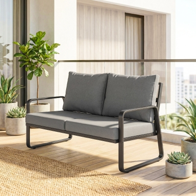 Outsunny Outdoor Sofa Thick Cushions Outdoor Patio Couch Loveseat 2 Seater for Garden Black and Light Grey