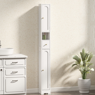 HOMCOM Tall Bathroom Cabinet, Modern Slim Bathroom Storage with Arched Doors, Drawer and Open Shelf, Narrow Storage, White