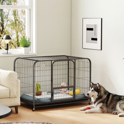 PawHut 48 Inch Heavy Duty Dog Crate, Large Metal Dog Cage with Lockable Wheels and Removable Tray