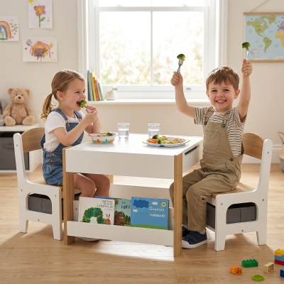 Qaba 3 Piece Kids Table and Chair Set with Reversible Tabletop, Blackboard, Storage, Bookshelf, for Playroom, Nursery Natural