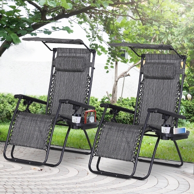 Outsunny Zero Gravity Chair Set of 2 with Canopy Shade, Outdoor Folding Lounge Chair with Side Tray, Cup Holder, Reclining Lounger with Breathable Mesh Seat and Pillow, Dark Grey