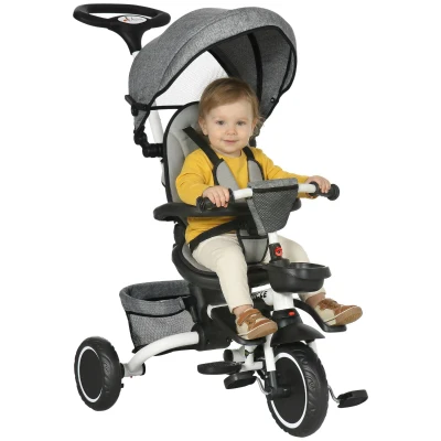 Aosom Tricycle for Toddler 6-in-1 Kids Trike, Foldable Converts Stroller to Baby Push Bike, Adjustable Backrest with Detachable Guardrail & Handle, Brake for 1-4 Years Old, Grey