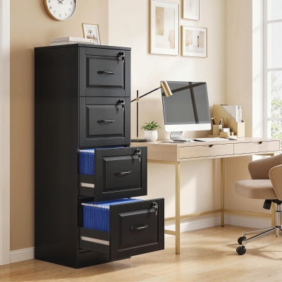 HOMCOM 4 Drawer File Cabinet with Lock, Vertical Filing Cabinet with Adjustable Hanging Bars for A4 and Letter Size, Black