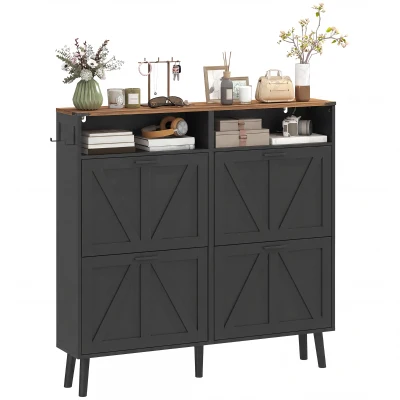 HOMCOM Shoe Storage Cabinet with 4 Flip Drawers, Farmhouse Narrow Shoe Cabinet, Holds Up to 24 Pairs, Black