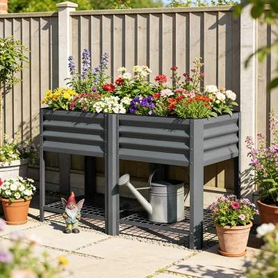 Outsunny Raised Garden Bed Steel Elevated Planter with Shelf, 31.5", Gray