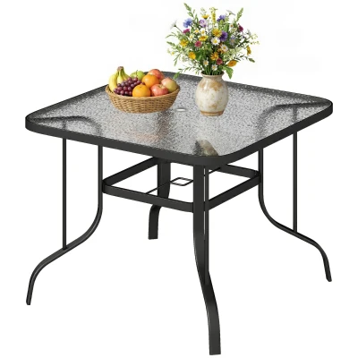 Outsunny Tempered Glass Square Patio Dining Table w/ 2.1" Umbrella Hole for Garden, Balcony, Backyard, 38" x 38" x 28"