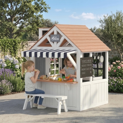 Qaba Outdoor Playhouse, Wooden Kids Playhouse with Dog Door, Cookware, Blackboard, Bench, Doorbell for Ages 2+