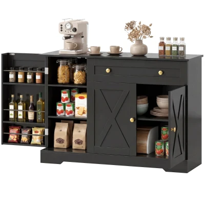 HOMCOM Sideboard Buffet Cabinet, Farmhouse Coffee Bar Cabinet with Door Shelves, Adjustable Shelves, Drawer, Barn Doors, Black