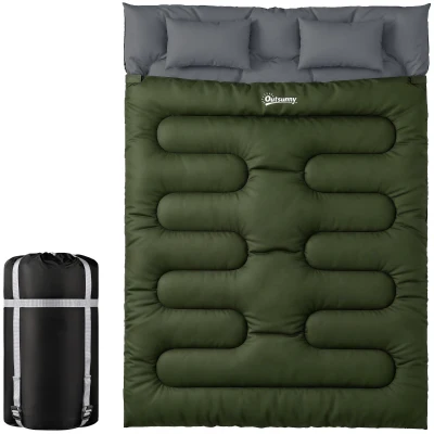 Outsunny Double Sleeping Bag for Adults, Queen Size 2 Person Sleeping Bag with 2 Pillows, for Cold Weather & Warm, Green